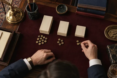 Hands arrange brass counters in groups beside three stacks of cream cards on burgundy felt.