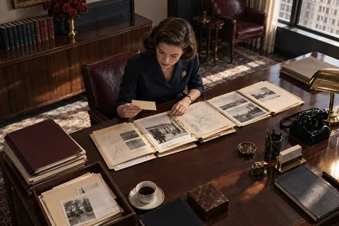 A woman examines a cream card above a row of open research folders on a walnut desk.