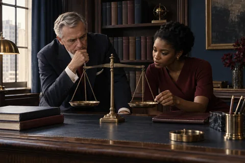 A gray-haired man and a woman examine a brass balance scale beside closed ledgers.