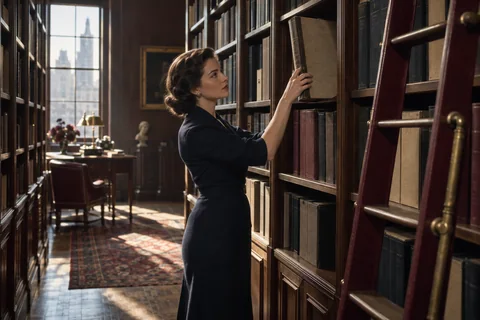 A woman removes a large ledger from a walnut archive shelf beside a burgundy rolling ladder.