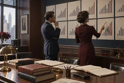 Two analysts study unnumbered bar charts on a wall above open ledgers.