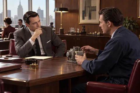 Two men discuss a metal machine component across a walnut table with burgundy chairs.