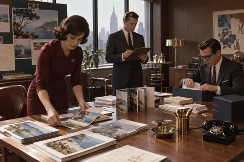 Three colleagues arrange printed travel imagery, pack presentation boxes, and review a clipboard in an agency studio.