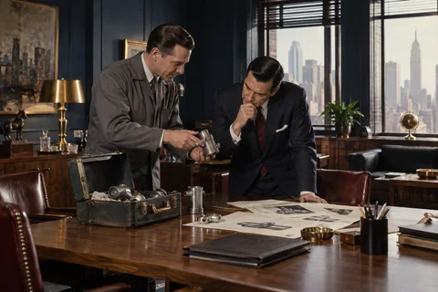 Two men inspect a metal fitting beside an open sample case in a navy-paneled office.
