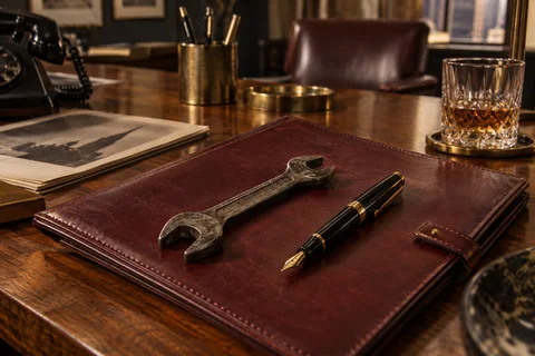 A worn wrench and fountain pen rest side by side on a burgundy leather portfolio.