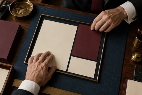 Hands arrange cream and burgundy paper blocks inside a brass frame on a cutting mat.