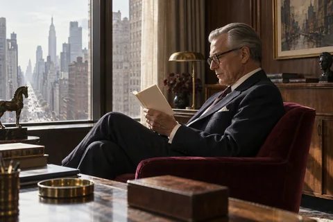 An older man reads a small booklet in a burgundy chair beside a city window.