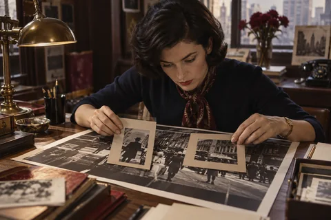 A picture editor positions cardboard viewing masks over a large street photograph.