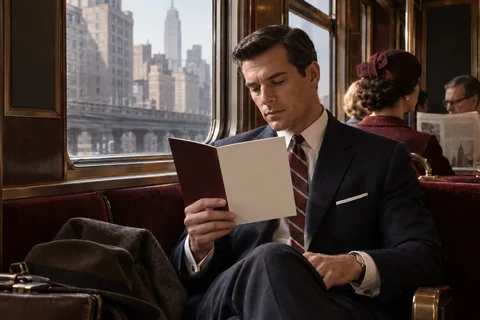 A man reads a cream and burgundy booklet beside a window in a period train carriage.