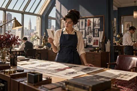 A designer examines a compact brochure above large layouts on a studio table.