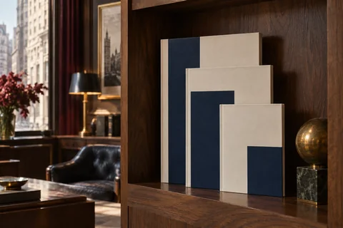 Three cream books with navy geometric covers stand in graduated sizes on a walnut shelf.