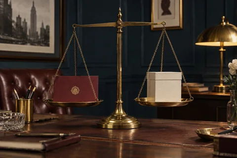 A brass balance scale holds a burgundy card on one pan and a cream box on the other.