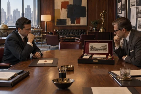 Two suited reviewers compare a sealed cream envelope with an open presentation box across a walnut table.