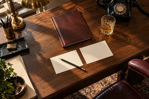 Two blank cream cards and a pencil lie beside a closed burgundy notebook on a sunlit walnut desk.