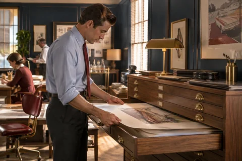 A man lifts a large paper proof from an open walnut flat-file drawer.