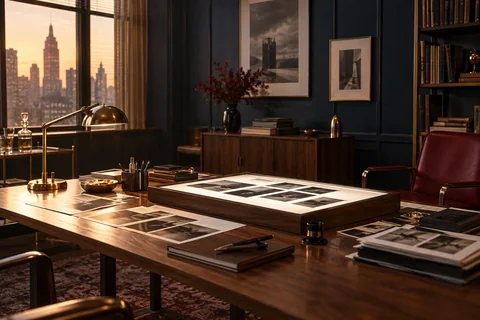 A light box and photographs cover a walnut editing table beside a brass lamp and empty burgundy chair.