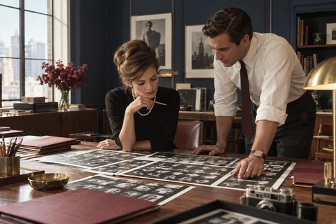 A woman and man examine photographic contact sheets spread across a walnut worktable.