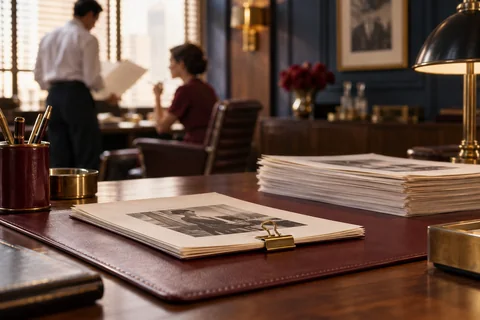 A brass clip holds a thin stack of photo proofs on a burgundy mat, with a thicker stack behind.