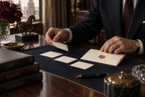 A man arranges blank cream contact cards beside a sealed invitation.