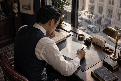 A man reviews a letter with a fountain pen at a window overlooking the city.