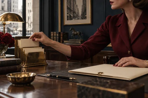 A woman lifts a cream card from a brass rack beside a closed folder.