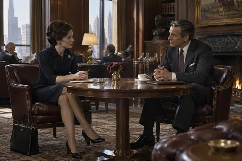 A woman and man converse across a round walnut table in a club lounge.