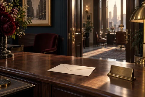 A sealed cream envelope rests beside an empty brass card holder on a reception counter.