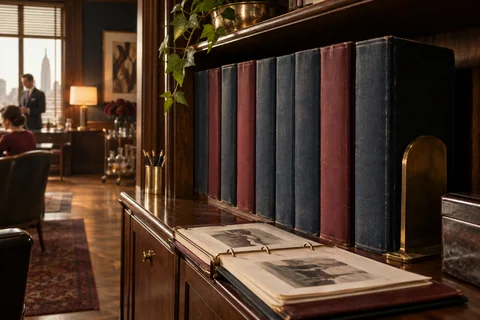 Worn navy and burgundy binders line a walnut shelf beside an open binder.