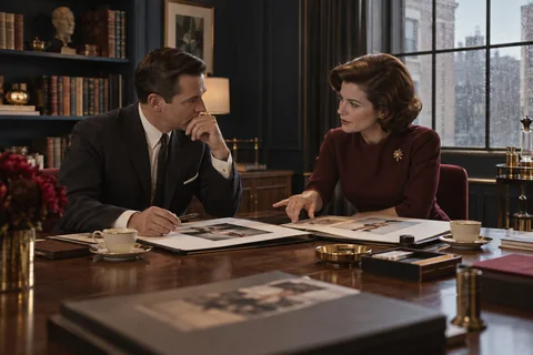 Two colleagues discuss open folios at a walnut table beside a rain-streaked window.