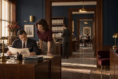 Colleagues review papers in a series of connected research rooms framed by walnut doorways.