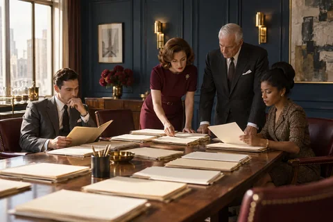 Four colleagues review cream project folders spread across a boardroom table.