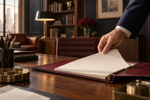 A hand places a cream page into an open burgundy binder.
