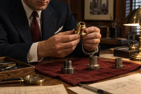 Hands hold a polished brass fitting above three darker metal parts on burgundy cloth.