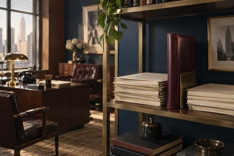 A burgundy leather portfolio stands beside stacked ivory folders on a brass shelf in a navy office.