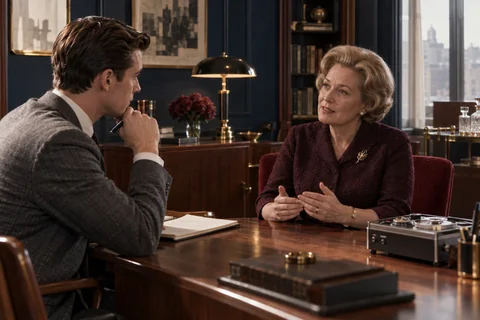 A man speaks with an older woman beside a notebook and reel recorder.