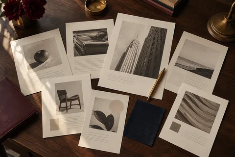 Printed page mockups lie on a walnut surface beside a brass pen and navy fabric swatch.