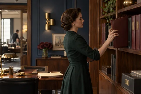 A woman places a burgundy binder onto a walnut shelf.