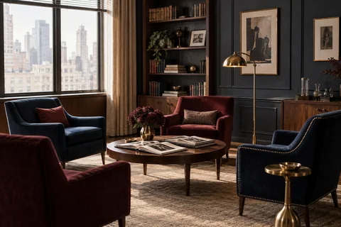 Navy and burgundy armchairs surround a coffee table with open books in a sunlit reading room.