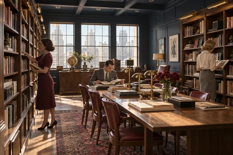 Two women browse bookshelves while a man reads at a long library table.