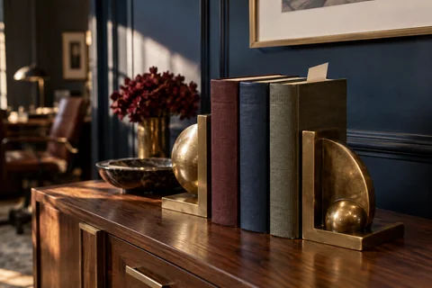 Three cloth-bound books stand between sculptural brass bookends.