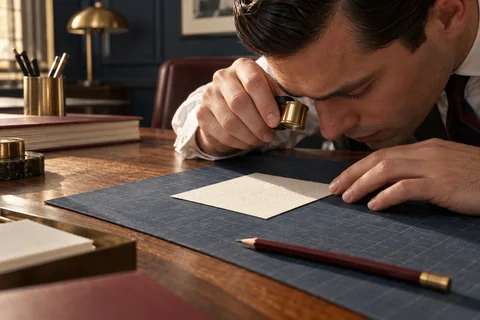 A man uses a brass loupe to inspect cream paper on a navy cutting mat.