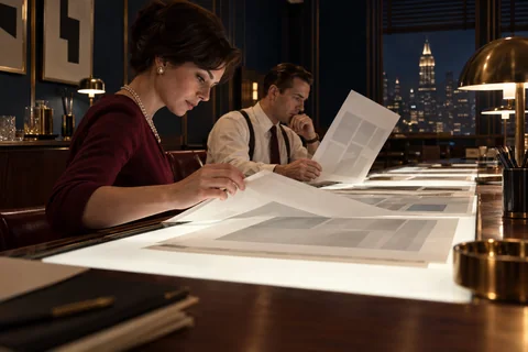 Two colleagues compare translucent page layouts at an illuminated proofing counter.
