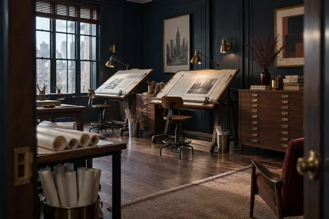 An empty production room contains two drafting tables, rolled papers and walnut flat-file cabinets.