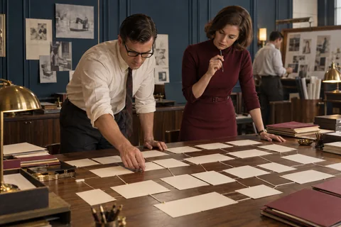 A man and woman examine a model of cream cards linked by cord across a walnut table.