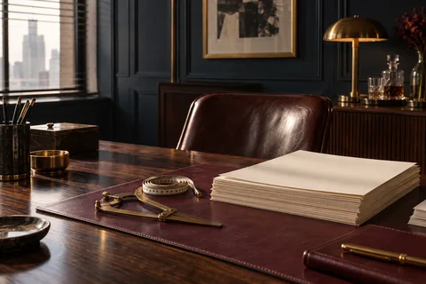 A brass measuring tool and coiled tape lie beside a stack of cream paper on a burgundy desk mat.