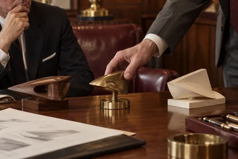 A hand selects a brass prototype from a row of three models made from wood, metal, and cream card.