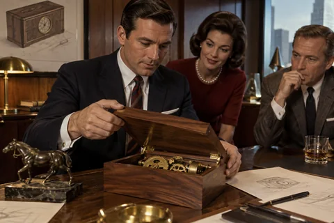 A presenter opens a walnut box to reveal brass gears while two colleagues look inside.