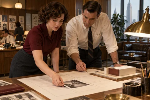 Two colleagues place a monochrome photograph into a paper storyboard beside a small cream-and-burgundy model.