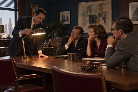 A presenter adjusts a brass desk lamp while three visitors watch across a walnut conference table.