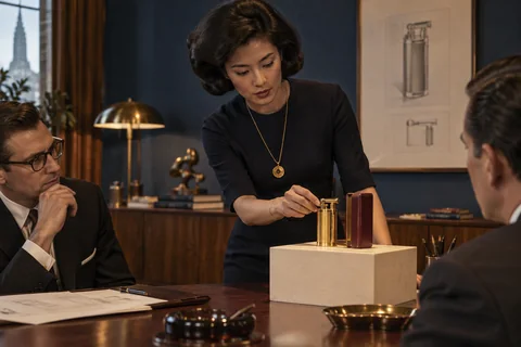 A woman demonstrates a brass device on a cream presentation plinth beside its burgundy case.